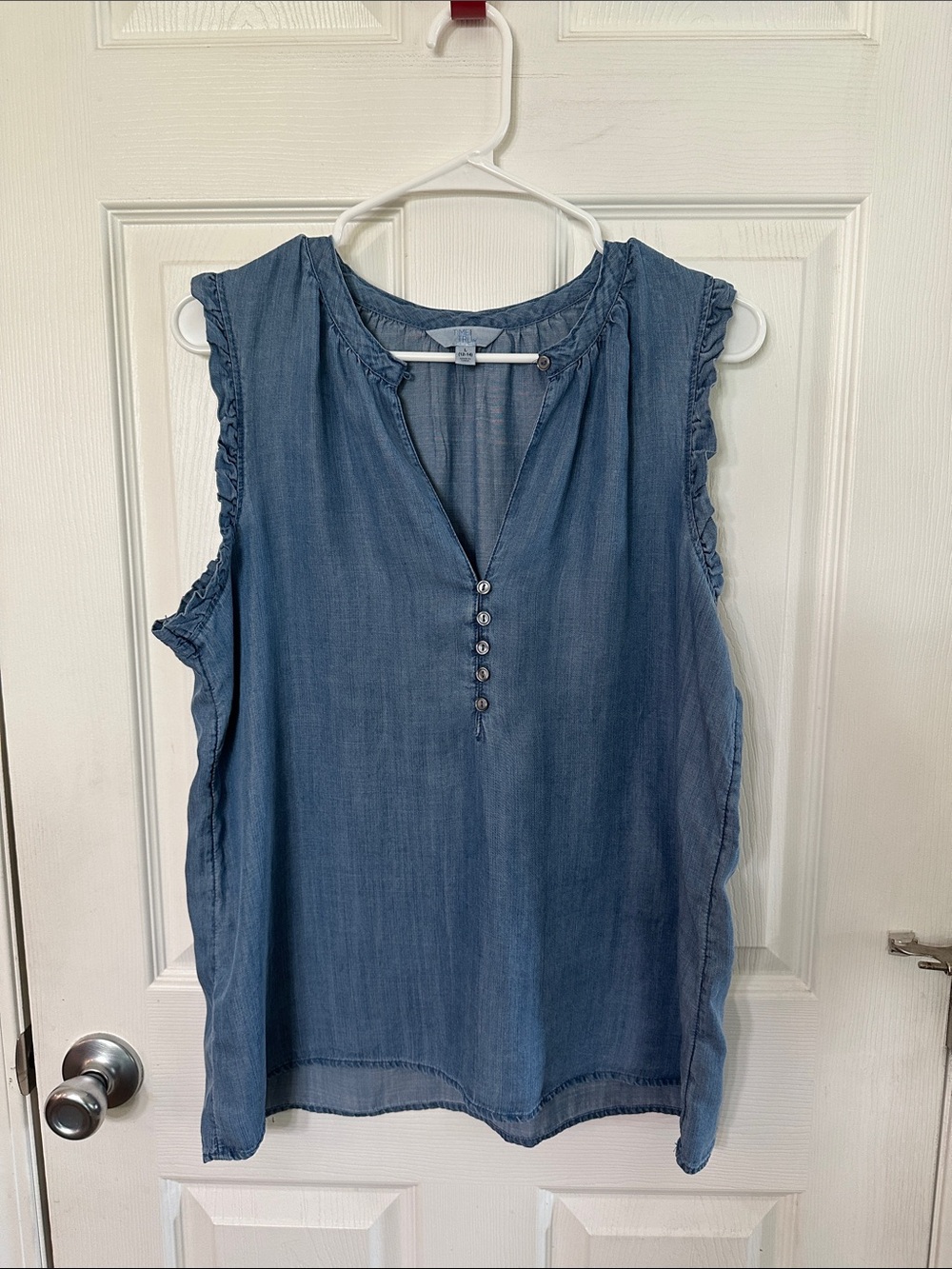 Time and Tru Blue Chambray Ruffle-Trim Button Tank